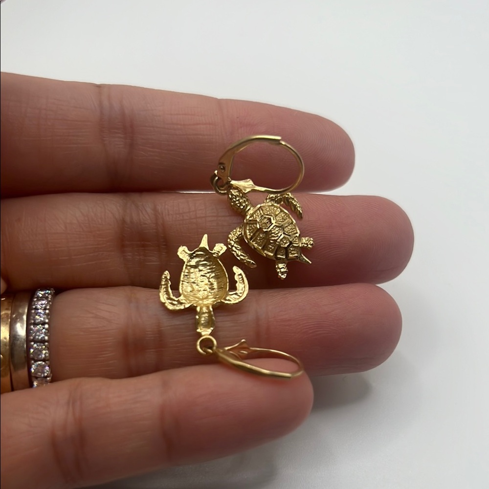 14kt solid Gold lucky turtle Drop Earrings - Picture 7 of 8